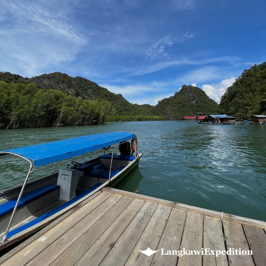 Langkawi Expedition blue canopy private charter boat docked along the wooden pier at Kilim Geoforest Park