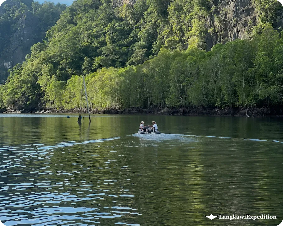 Small motorized dinghy boat cruising along the calm emerald waters of Kilim Geoforest